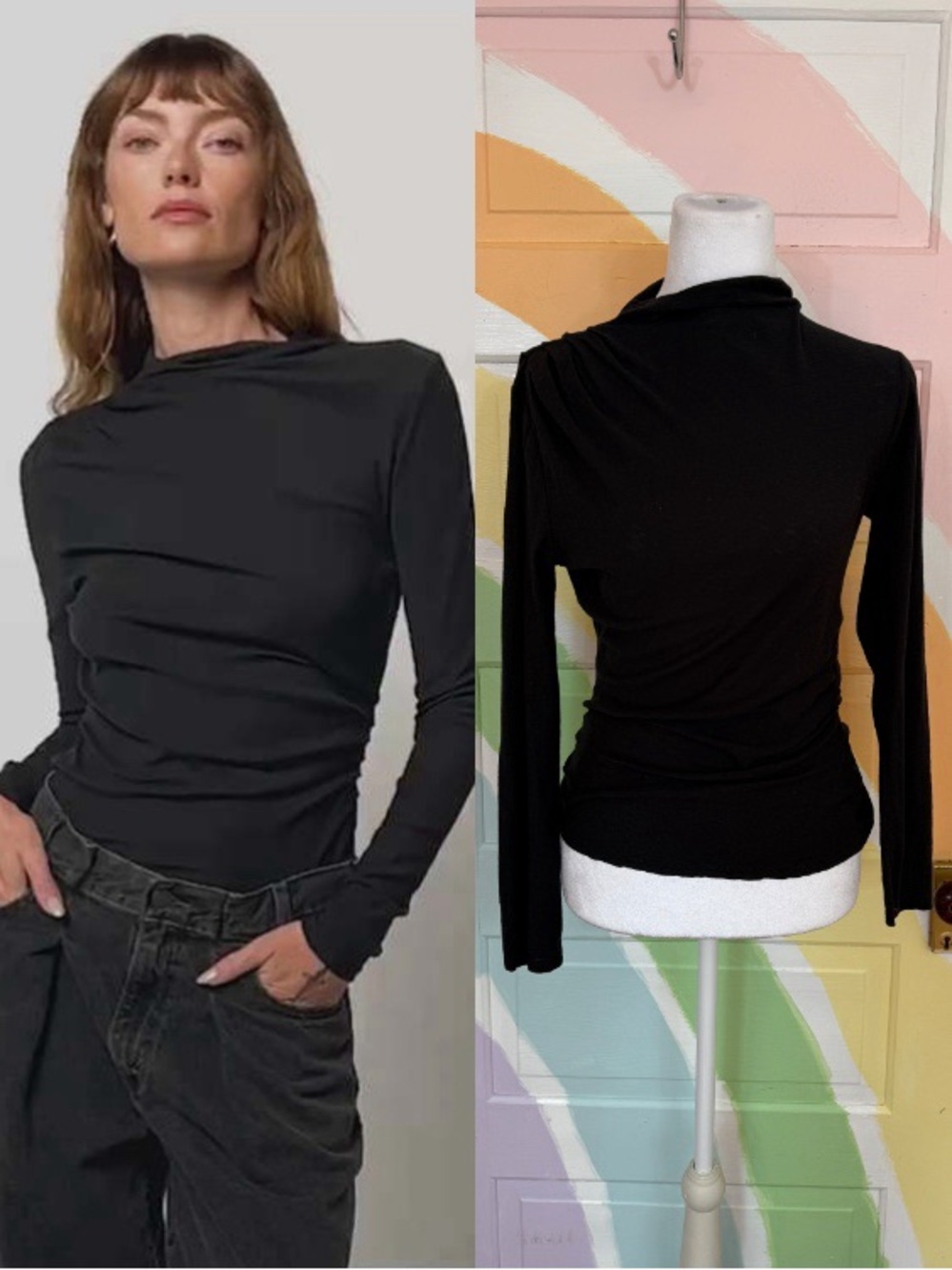 Nation LTD Charlotte Asymmetric Gathered LS Tee 100% Pima Cotton Sz XS 💛🍄